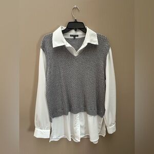Adrianna Papell Gray V-Neck Sweater Vest with White Blouse